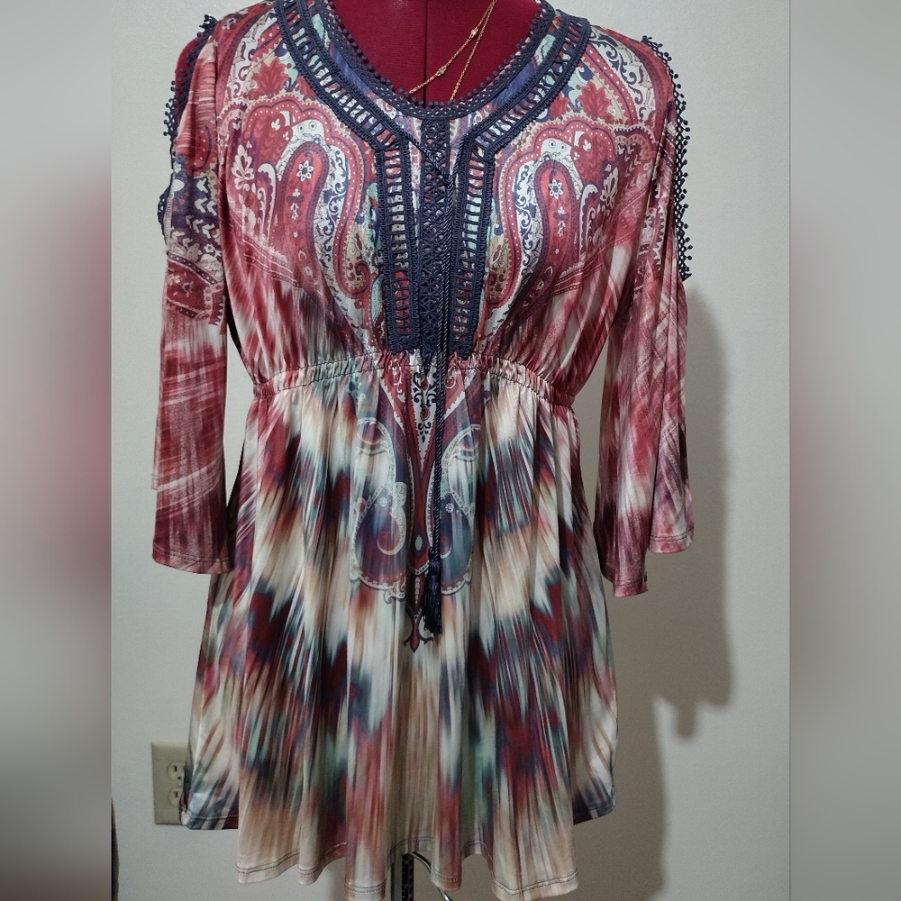 Oneworld open shoulder boho blouse/tunic rickrack edge crochet